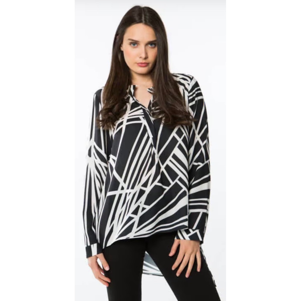 Crosby by Mollie Burch Black White Geometric Abstract High Low Blouse Medium